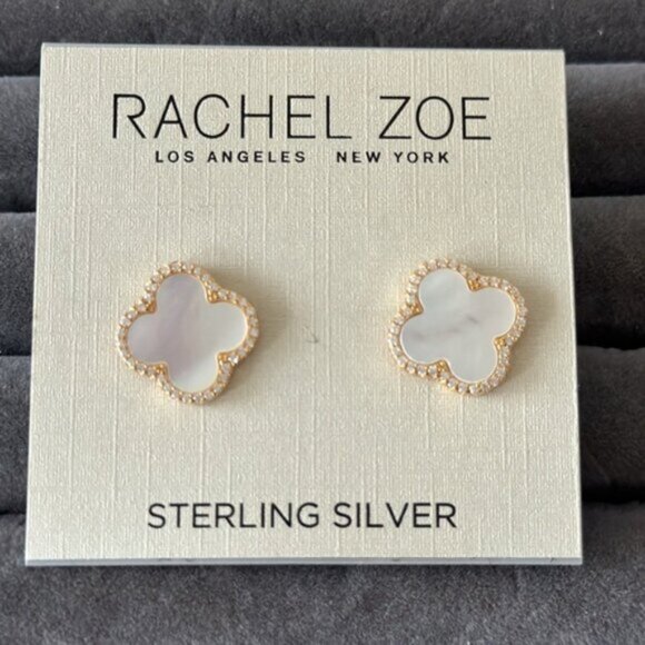 Rachel Zoe Mother of Pearl Sterling Silver 925 Gold Plated Clover Stud Earrings - Picture 6 of 12